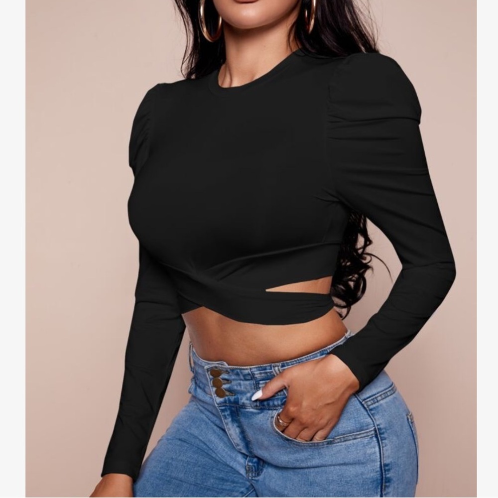 Shein Black Long Sleeve Puff Shoulders Criss Cross Crop Top Large - Picture 5 of 9